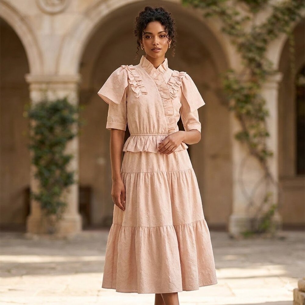 Ladida Powder Pink short sleeve Ruffle Embroidered Tiered Romantic Midi Dress S